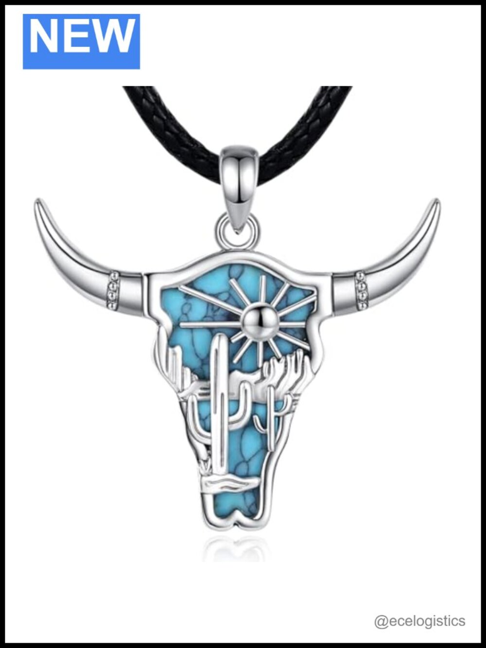 Silver Plated Copper Cow Skull Pendant Necklace Western Leather Cord